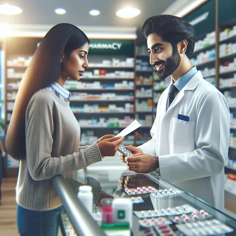 Realistic stock image of pharmacist assisting customer