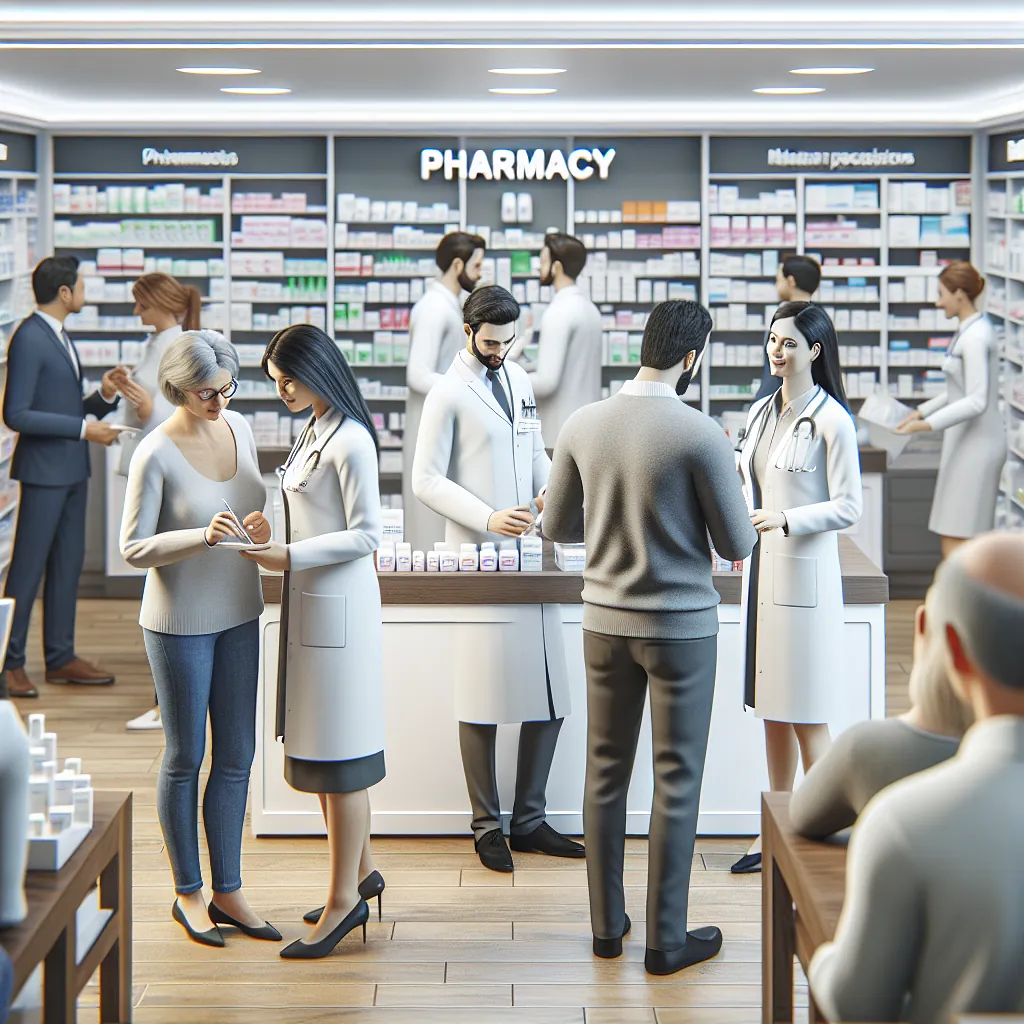 Realistic stock image of pharmacists assisting customers