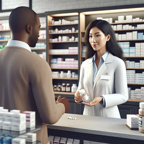 Realistic stock image of pharmacist assisting customer
